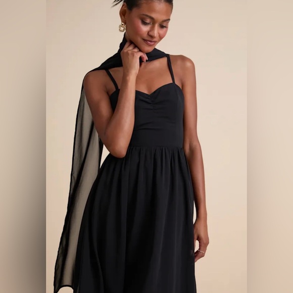 Lulus Irresistibly Darling Black Chiffon Midi Dress And Scarf Set - Size M - Picture 3 of 3